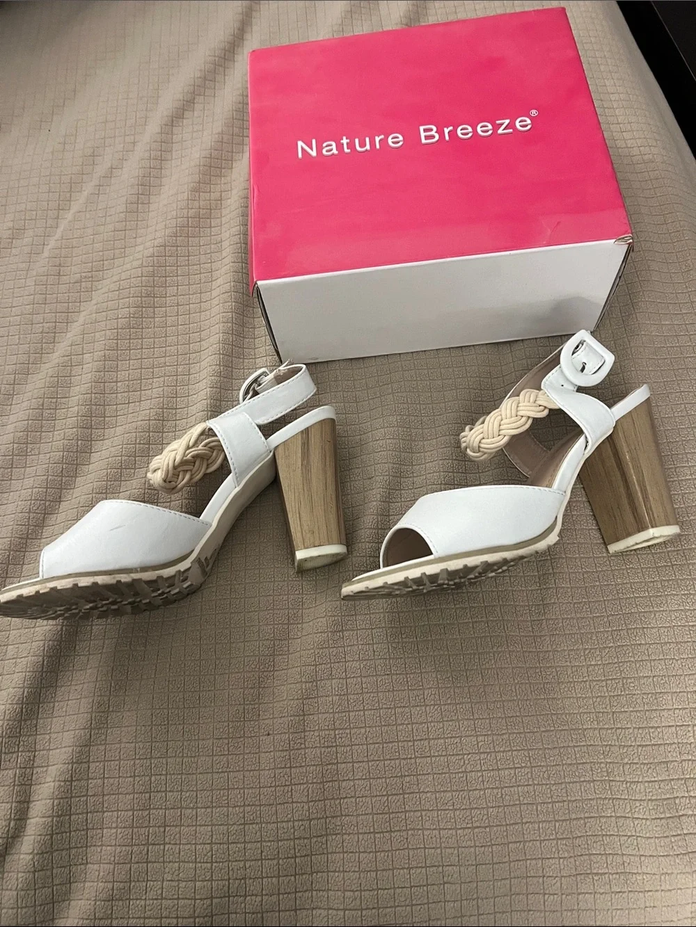 Nature Breeze White Braided-Strap Block Heel Sandals